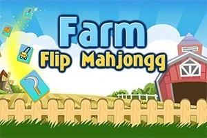 農場の風景をバックに「Farm Flip Mahjongg」という文字と農具のアイコンが描かれたイラスト。