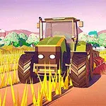 緑と黄色のトラクターが広大な麦畑を走行している風景。