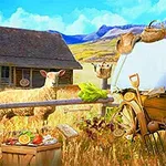 牧草地に羊がいて、木造の小屋が背景にあり、農産物が並んでいる風景。