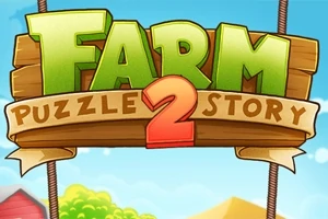 木製の看板に緑色と赤色の文字で「FARM PUZZLE STORY 2」と書かれており、背景には青空と農場の風景が描かれています。