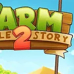 木製の看板に緑色と赤色の文字で「FARM PUZZLE STORY 2」と書かれており、背景には青空と農場の風景が描かれています。