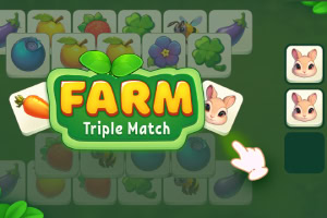 緑色の背景に果物や動物のイラストが描かれたカードが並んでおり、中央には「FARM Triple Match」と書かれたロゴがある。