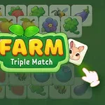 緑色の背景に果物や動物のイラストが描かれたカードが並んでおり、中央には「FARM Triple Match」と書かれたロゴがある。