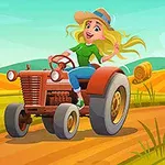 金色の畑で、麦わら帽子をかぶった金髪の女性が赤いトラクターに乗っているイラスト。