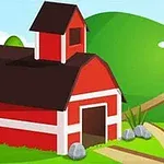 赤い屋根の納屋と緑の丘の風景イラスト。