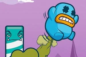 青いキャラクターが空中に飛び跳ねている漫画風のイラスト。