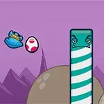 青いキャラクターが空中に飛び跳ねている漫画風のイラスト。