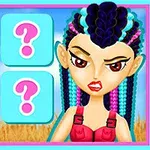 青い背景に4つのクエスチョンマークが描かれたパネルと、カラフルな編み込みヘアスタイルのキャラクターが描かれている。