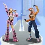 2人のキャラクターがポーズをとっている明るい青の背景に立っている。