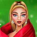 金髪の女性が赤いショールをまとい、輝くイヤリングをつけて微笑んでいる。