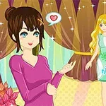 茶色の髪の女性がピンクの服を着て、金髪の女性がドレスを着てポーズをとっているイラスト。