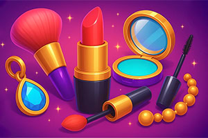 紫の背景に、化粧品とアクセサリーが描かれており、口紅、パウダーブラシ、アイシャドウ、イヤリング、マスカラ、ネックレスが含まれている。