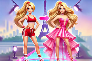 金髪の女性が赤いスポーツウェアからピンクのドレスに変身する様子が背景のエッフェル塔とともに描かれている。