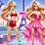 金髪の女性が赤いスポーツウェアからピンクのドレスに変身する様子が背景のエッフェル塔とともに描かれている。