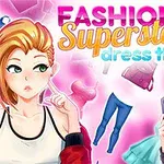 若い女性がカジュアルな服を着て、背景にファッションアイテムが浮かんでいるイラスト。