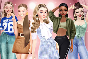 5人の女性キャラクターが様々なファッションスタイルで並んでいるイラスト。