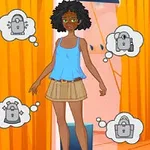 試着室に立っている女性が青いタンクトップとベージュのスカートを着ており、周りにロックされたアイテムのアイコンが表示されている。