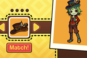 黄色い背景に緑の髪のキャラクターと帽子の絵があり、「Match!