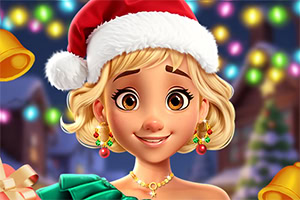サンタ帽をかぶった金髪の女性が、カラフルなイルミネーションを背景に微笑むクリスマス風イラスト