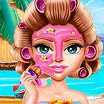 ビーチを背景に、髪にカーラーを巻きピンク色のフェイスパックを塗った女性のイラスト。