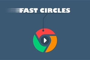 青い背景に「FAST CIRCLES」という文字と中央に再生ボタンが描かれたカラフルな円形のロゴ。
