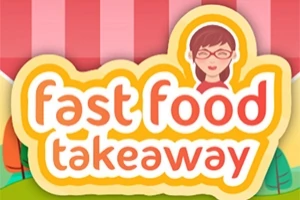 赤と白のストライプの背景に、キャラクターの顔のイラストがある「fast food takeaway」の文字が描かれたロゴ。