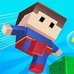 ピクセル風のスーパーヒーローが空中で飛び、緑色のブロックの横を通過している。