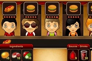 5人のキャラクターが並び、頭上にホットドッグやハンバーガーのアイコンが表示されています。