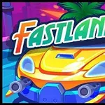黄色いスポーツカーが道路を走る様子と、上部に「FASTLANERS」という文字が描かれているイラスト。