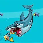 青い海の中で、大きなサメが小さな魚を追いかけている様子が描かれたイラスト。