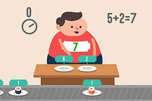 コンベア上に置かれた寿司と計算問題を解く子供のイラスト。