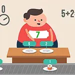 コンベア上に置かれた寿司と計算問題を解く子供のイラスト。