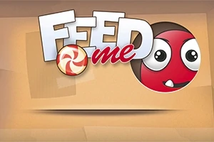 赤いキャラクターが飴を見つめているイラストと「Feed me」というテキスト。