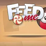 赤いキャラクターが飴を見つめているイラストと「Feed me」というテキスト。