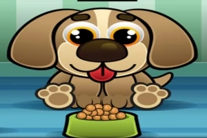 茶色のかわいい犬が、緑の食器にあるフードの前で舌を出して座っているイラスト。