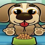 茶色のかわいい犬が、緑の食器にあるフードの前で舌を出して座っているイラスト。