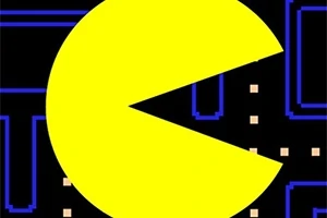 黄色い円形のキャラクターが黒い背景に青い迷路と小さな白い点を進んでいる様子。
