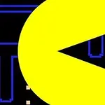 黄色い円形のキャラクターが黒い背景に青い迷路と小さな白い点を進んでいる様子。
