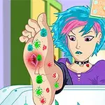 青い髪の女性が、カラフルな細菌や腫れがある足の裏を見せて驚いている様子。