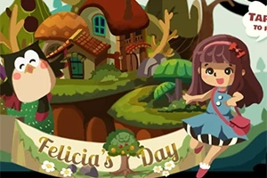 森の中に小さな家と、ドレスを着た女の子が笑顔で立っているイラスト。