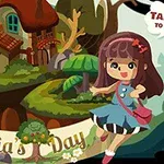 森の中に小さな家と、ドレスを着た女の子が笑顔で立っているイラスト。