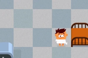 タイル状の床にベッドとタオルを巻いたキャラクターがいるイラスト。
