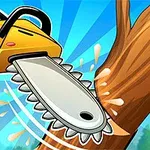 チェーンソーが木を切っているイラスト。
