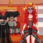 赤い髪でカラフルな花の頭飾りをつけた人物と、背景に赤と黒のドレスなどが飾られている室内。