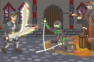 鎧を着た戦士が、道端で剣を持った忍者と対峙しているアニメーション画像。