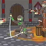 鎧を着た戦士が、道端で剣を持った忍者と対峙しているアニメーション画像。