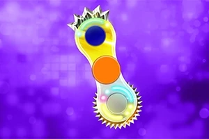 紫色の背景に黄色いビンのような形をした物体があり、上部に青い円、中央にオレンジの円、下部に灰色の円とトゲがあるデザイン。