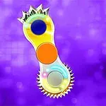 紫色の背景に黄色いビンのような形をした物体があり、上部に青い円、中央にオレンジの円、下部に灰色の円とトゲがあるデザイン。