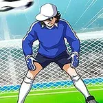 サッカーゴールの前でキャップを被ったゴールキーパーがボールを止めようとしている。