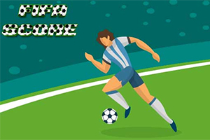 青いユニフォームを着たサッカー選手が緑色のフィールドでボールを追いかけているイラスト。